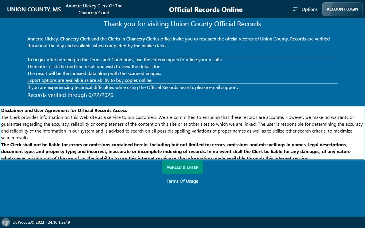Union County Chancery Clerk DuProcess land records search interface