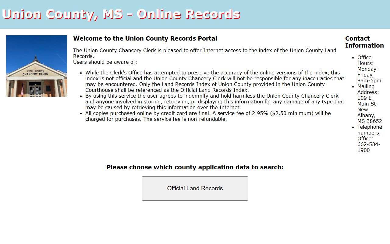 Union County Chancery Clerk land records portal landing page