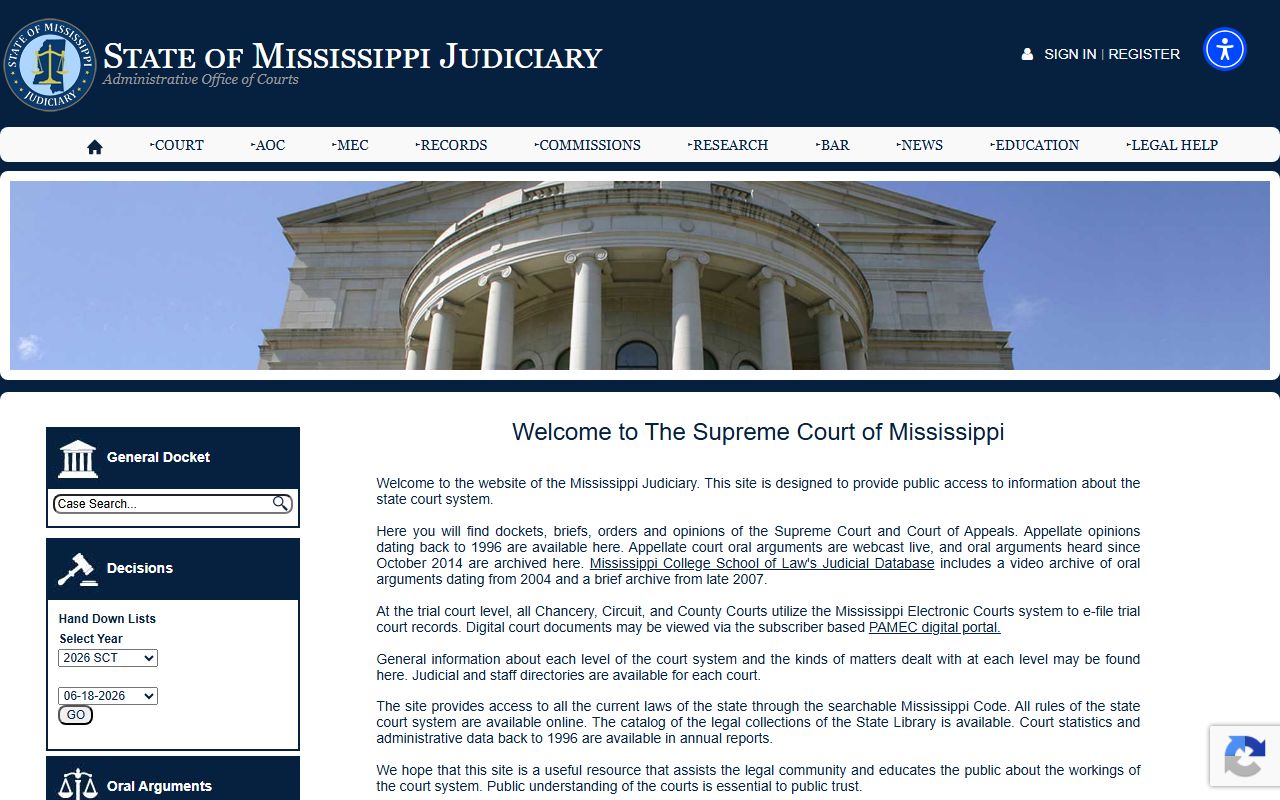 Union County court records framework on the Mississippi Judiciary site