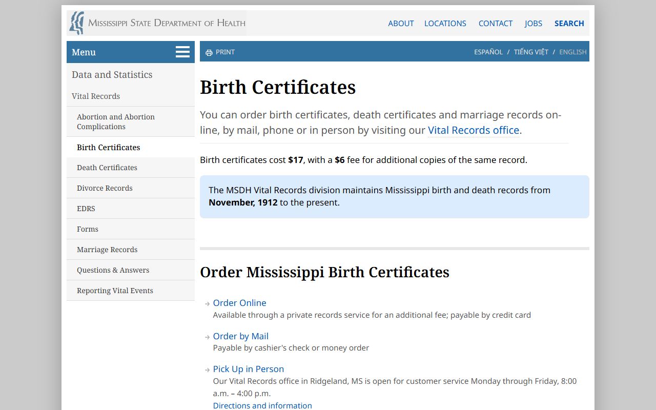 Union County marriage and divorce records and the MSDH certified record ordering page