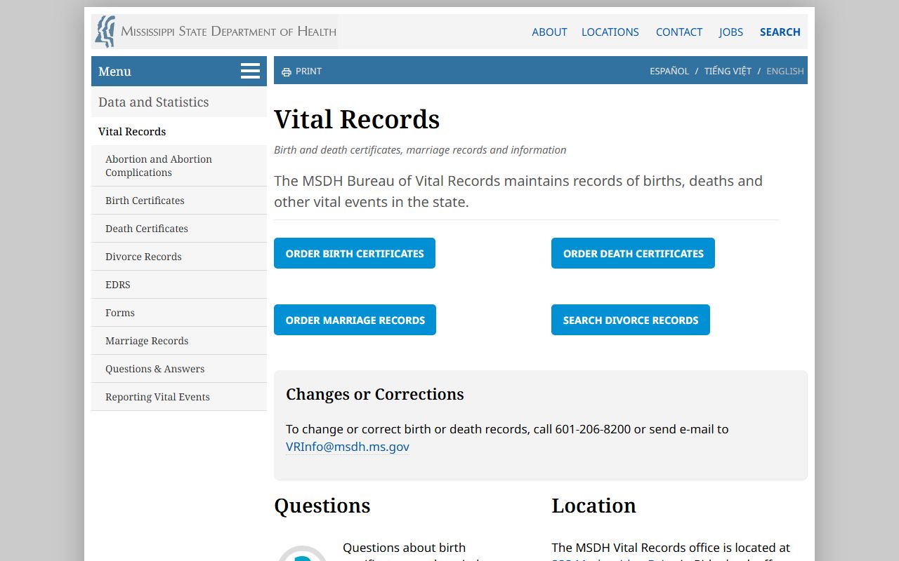 Union County marriage and divorce records and the MSDH Vital Records landing page