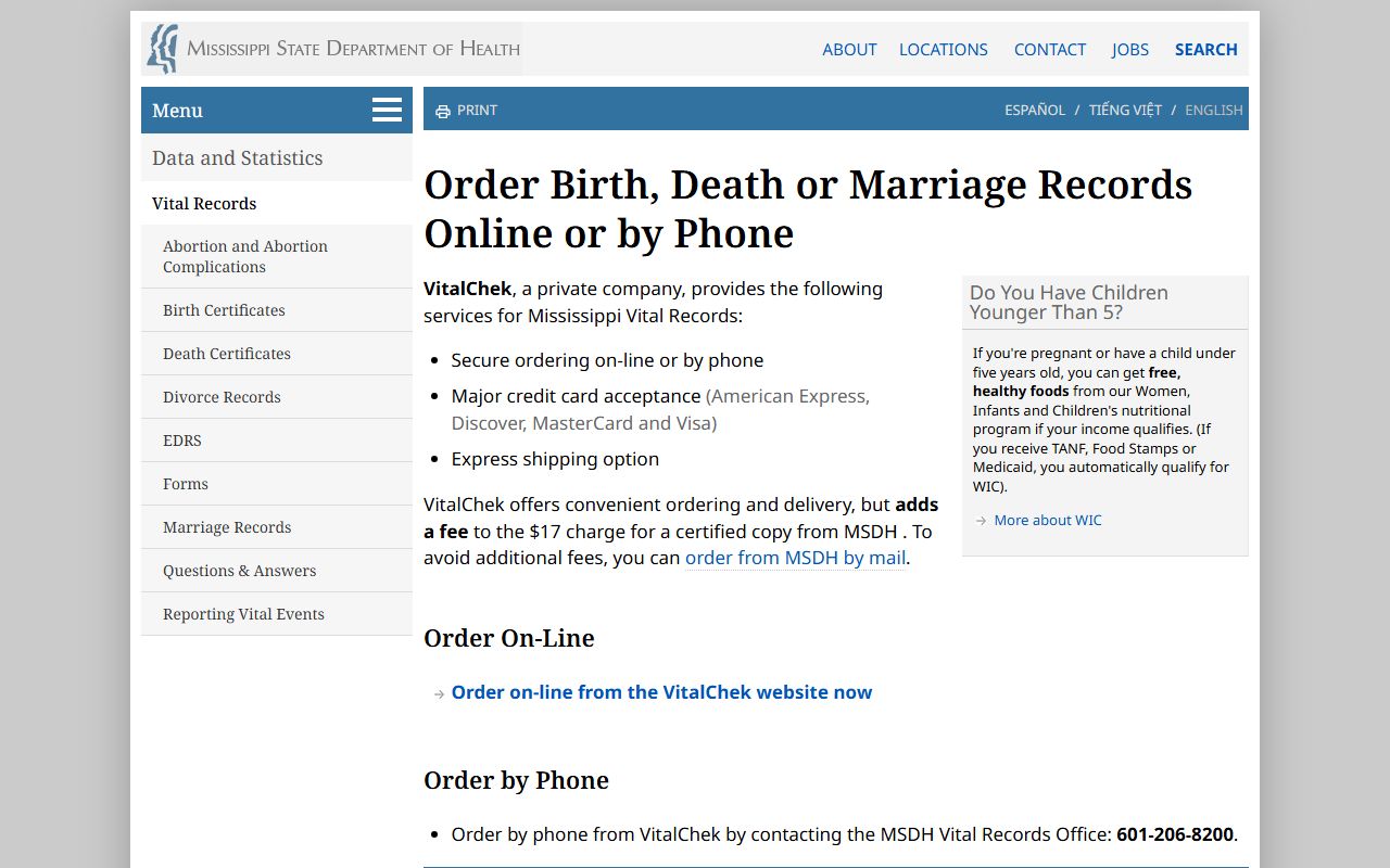 Union County marriage and divorce records and the MSDH online and phone ordering page