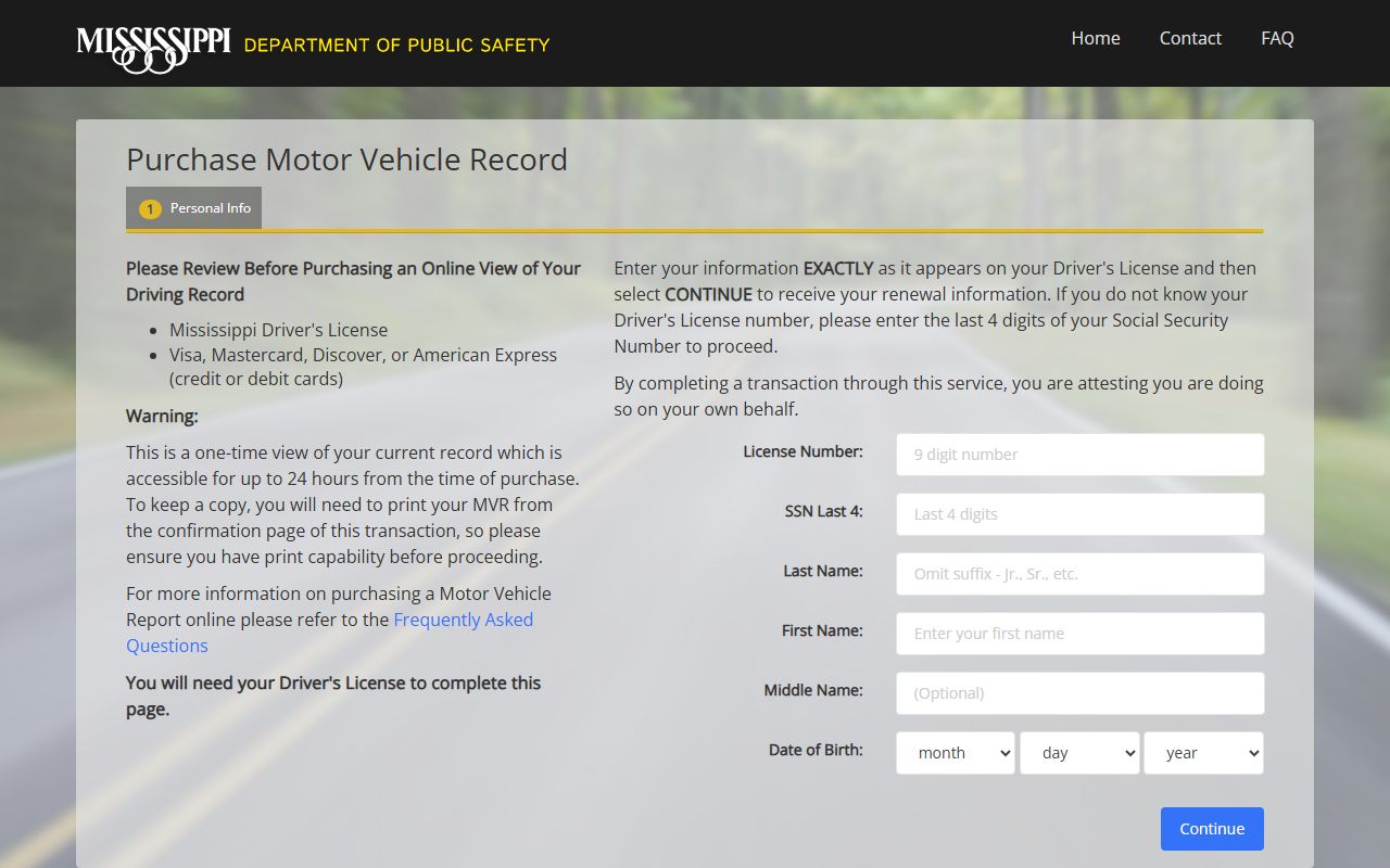 Union County traffic court records and the MS.gov Motor Vehicle Record purchase portal